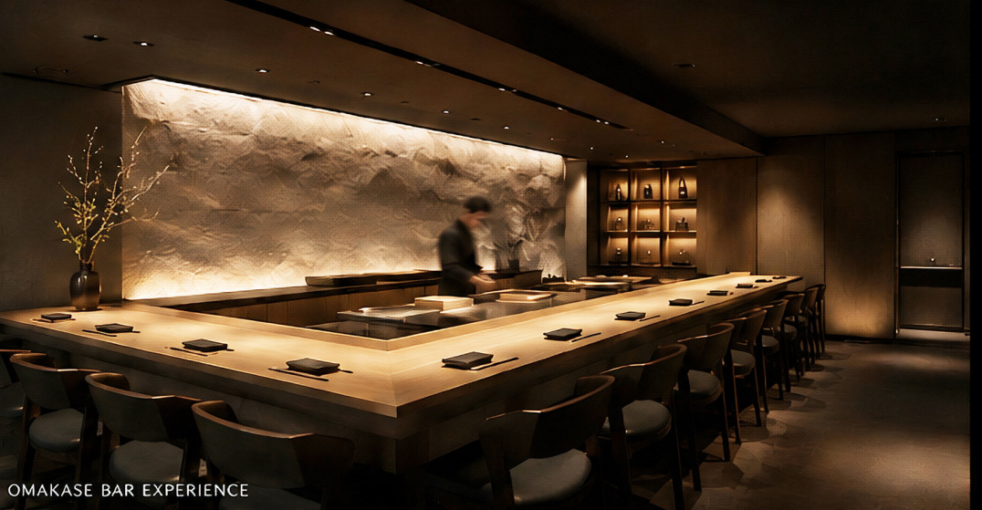 Concept illustration of a warm timber omakase counter with textured stone backdrop