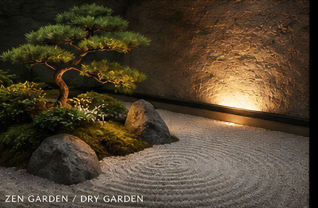 Conceptual dry garden with raked gravel, moss and softly lit stone