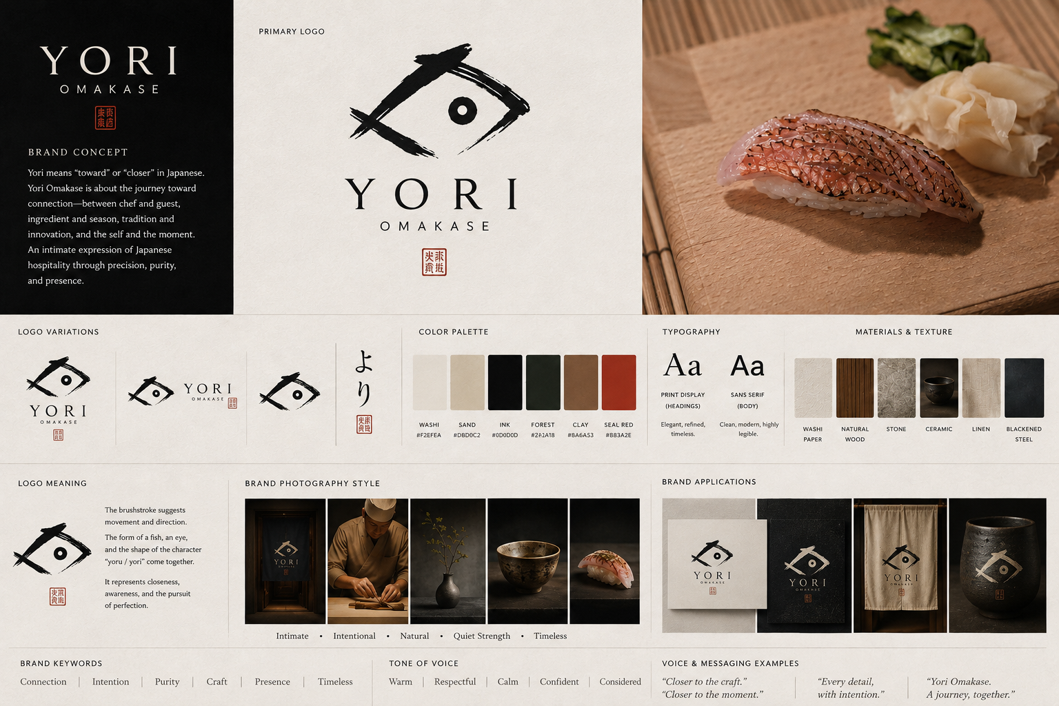 Supplied Yori brand board showing logo, palette, typography, material textures and brand concept